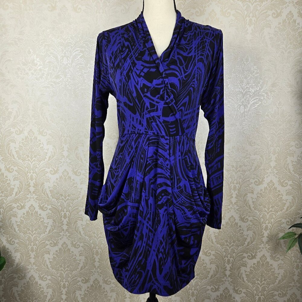 BCBGeneration Size Small Purple Black Faux Wrap Dress Long Sleeve Pockets